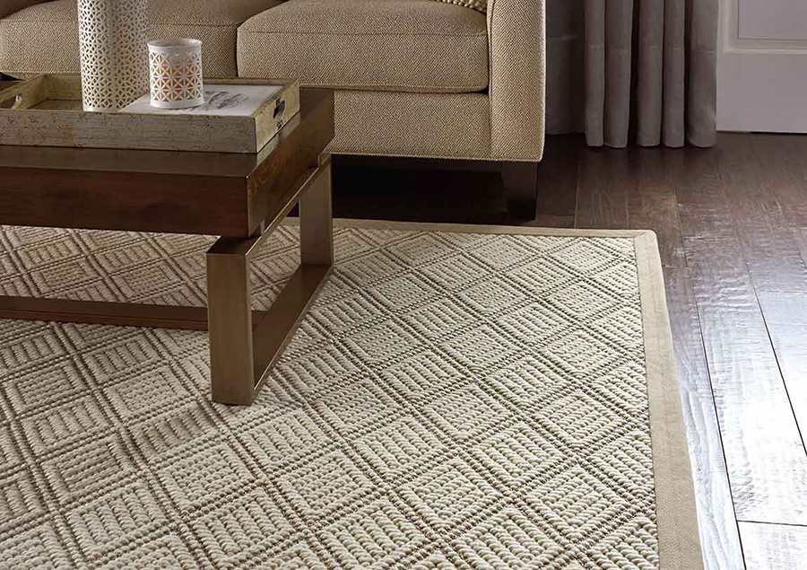 Beige patterned area rug under a coffee table in a living room