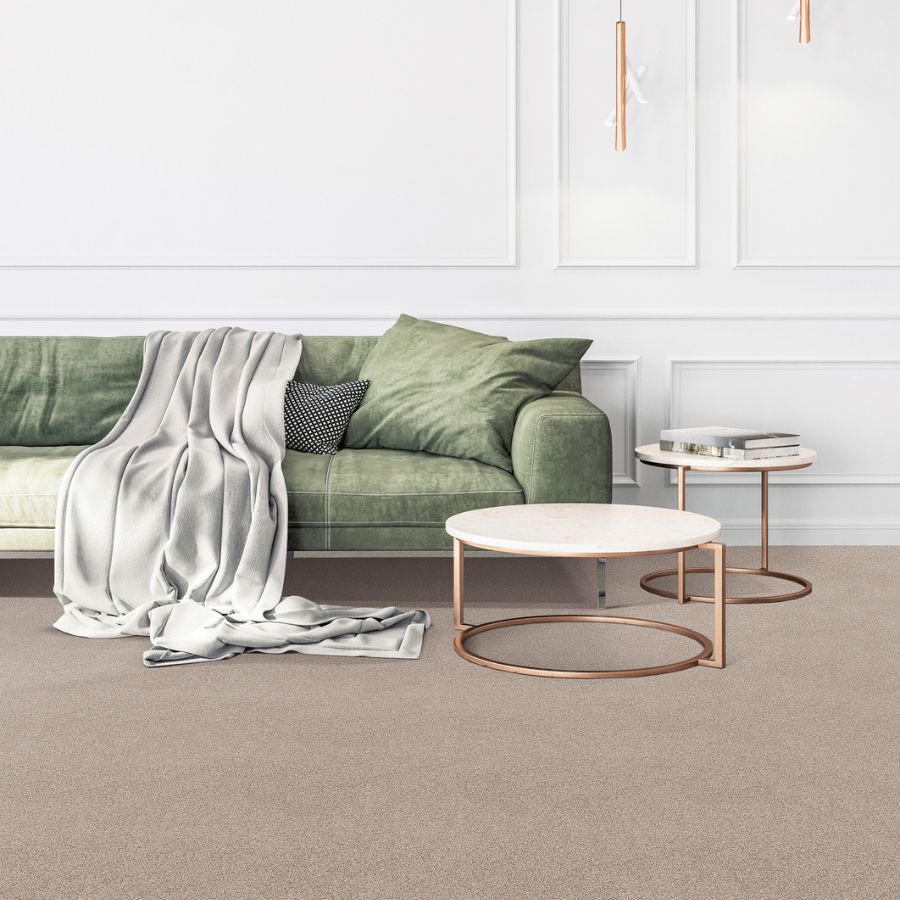 carpet in living room with green couch